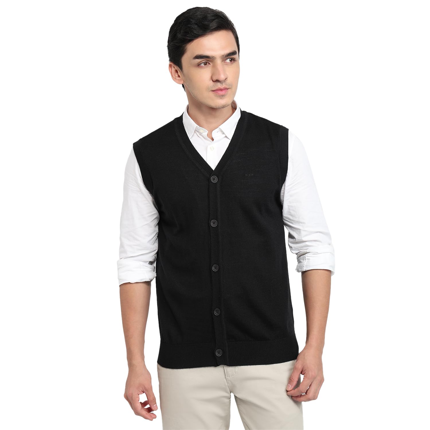 colorplus Men Regular Fit Solid Pattern Merino Wool Acrylic Blend Sleeveless V Neck Casual Sweater Black-picture-27