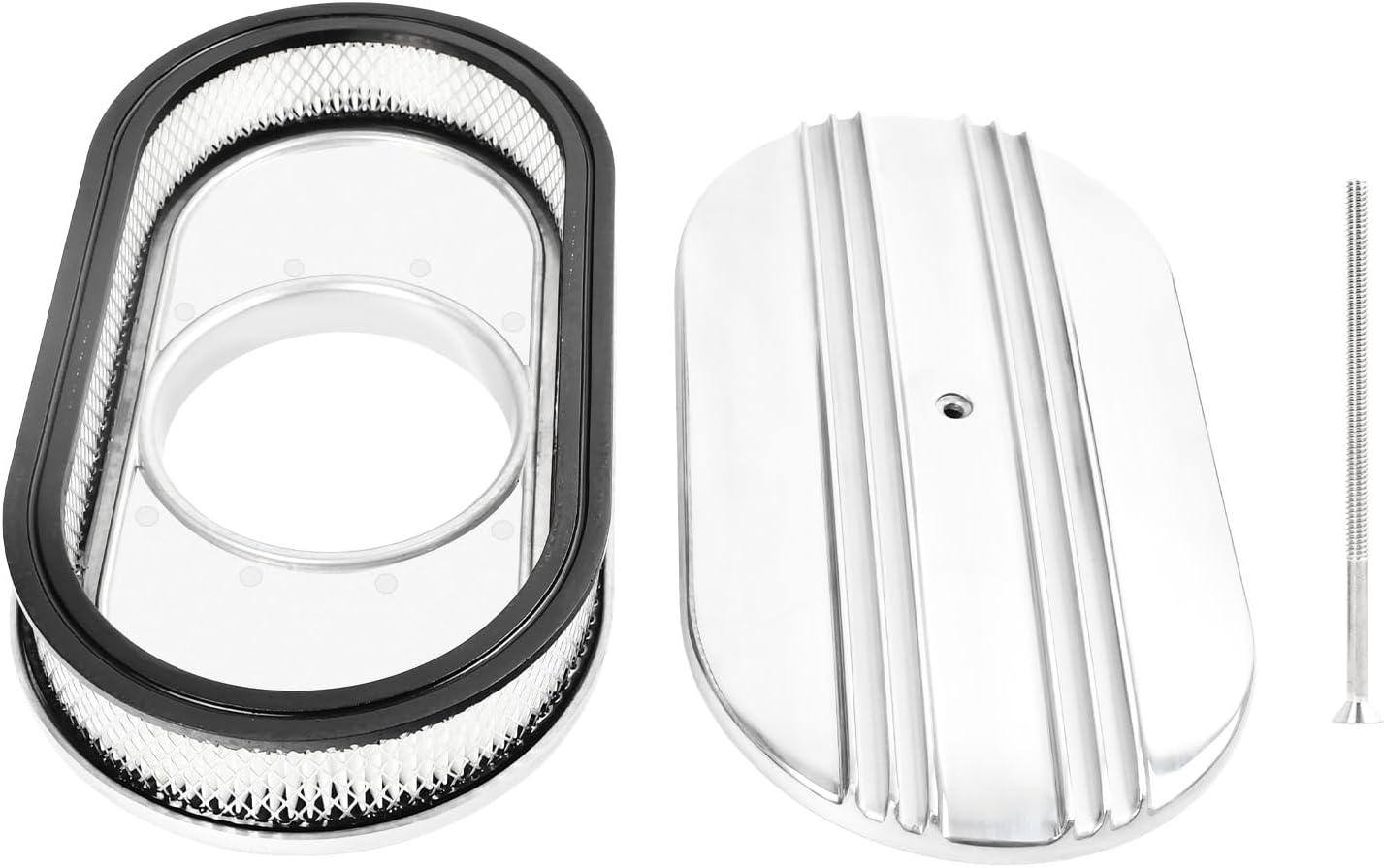 15” Oval Half Finned Polished Aluminum Air Cleaner Assembly Kit for 4-Barrel Carburetor with Filter Element & Bolt