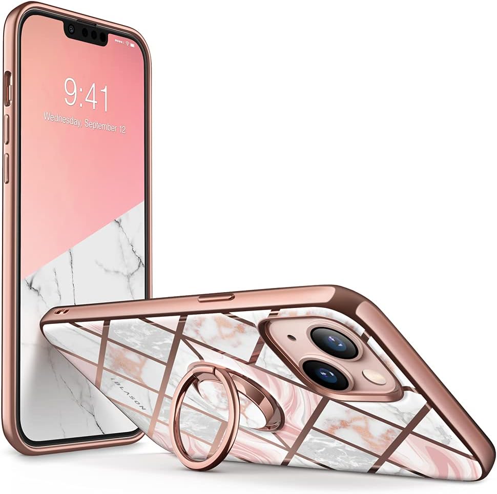 i-BlasonCosmo Snap Case for iPhone 13 (6.1 Inches) Slim Mobile Phone Case Shockproof Case Thin Protective Case with Built-in Ring Holder Supports Car Holder (Marble)