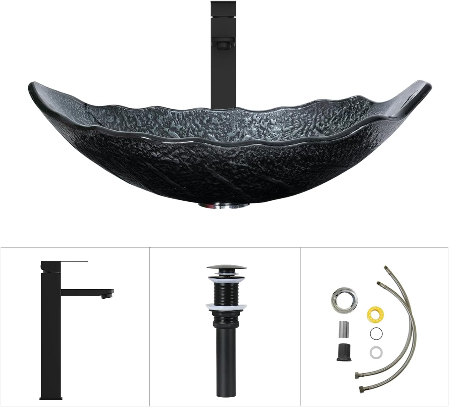 30-Inch Black Bathroom Vanity with Water Ripple Design Door, Modern Stylish Cabinet with Silver Leaf Glass Sink Top