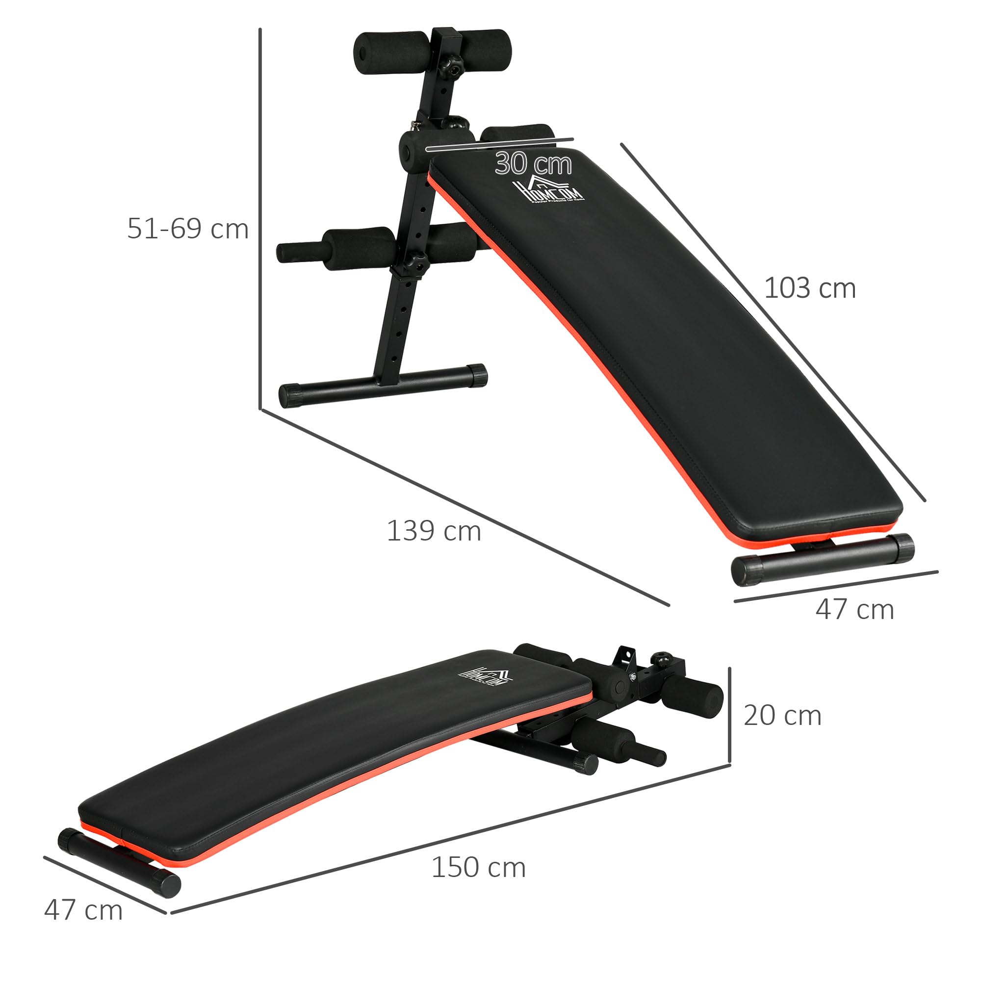 HOMCOM Panca per Addominali Pieghevole e Regolabile, Panca Pesi da Palestra Multifunzione con Schienale Imbottito, 47x139x51-69cm, Nero e Rosso