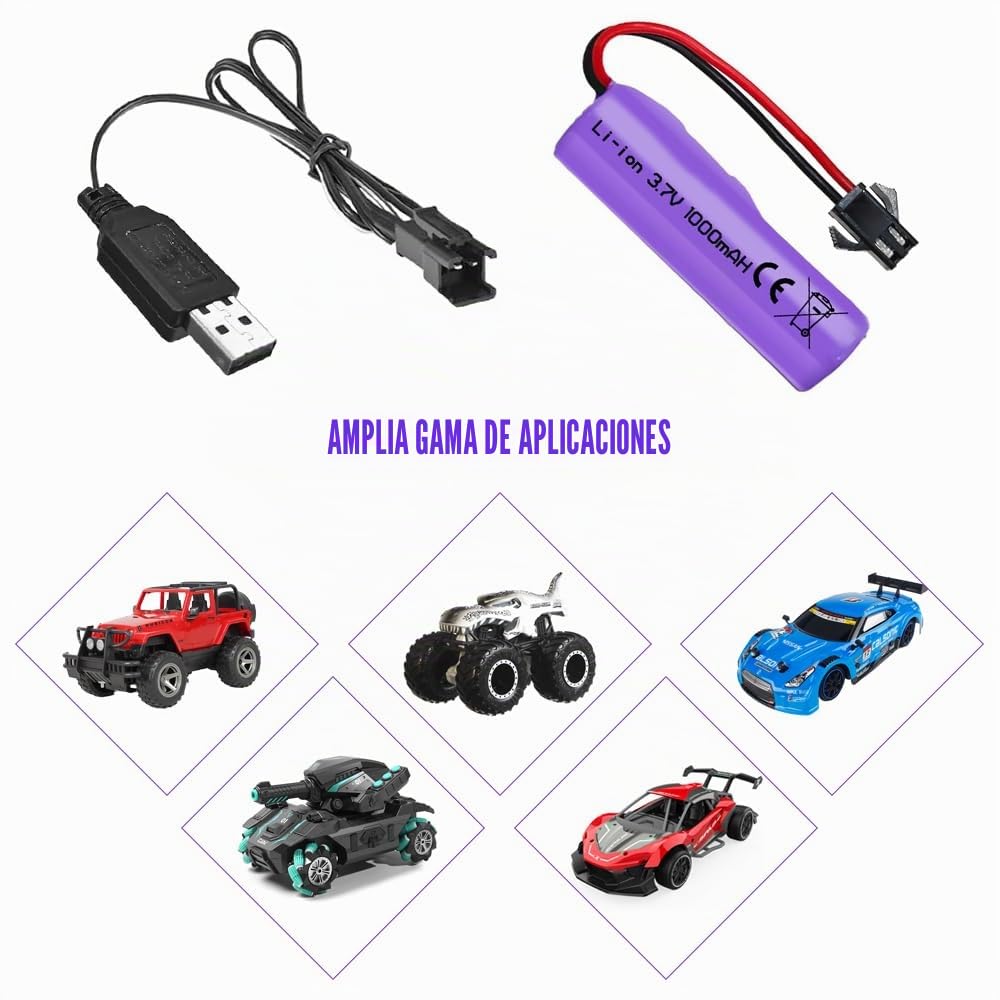 2 Piezas de 1000mAh 3.7V RC Batería, Baterías de Litio Recargables con Cable de Carga UBS Conector SM-2P, Batería Li-Ion Universal Compatible para Vehículos RC, Barcos, Tanques, Coches, Robots