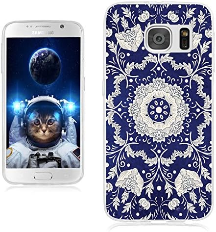 ChiChiC S7 Case,Galaxy S7 Case,360 Full Protective Anti Scratch Slim Flexible Soft TPU Gel Rubber Clear Cases Cover with Design for Samsung Galaxy S7,Silvery Henna Mandala Floral Flower on Blue