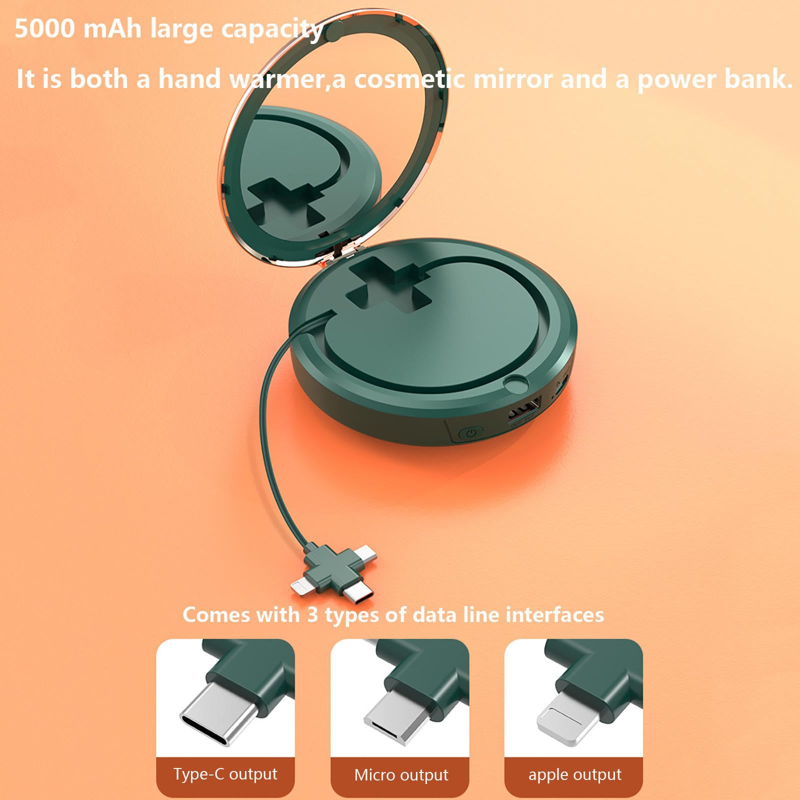 Scaldamani elettrici Ricaricabili con Specchio cosmetico, Power Bank 3 in 1, scaldamani Elettrico 5000 mAh/USB Tipo C/2 Livelli di Temperatura per Esterni/Interni/Lavoro/Studio