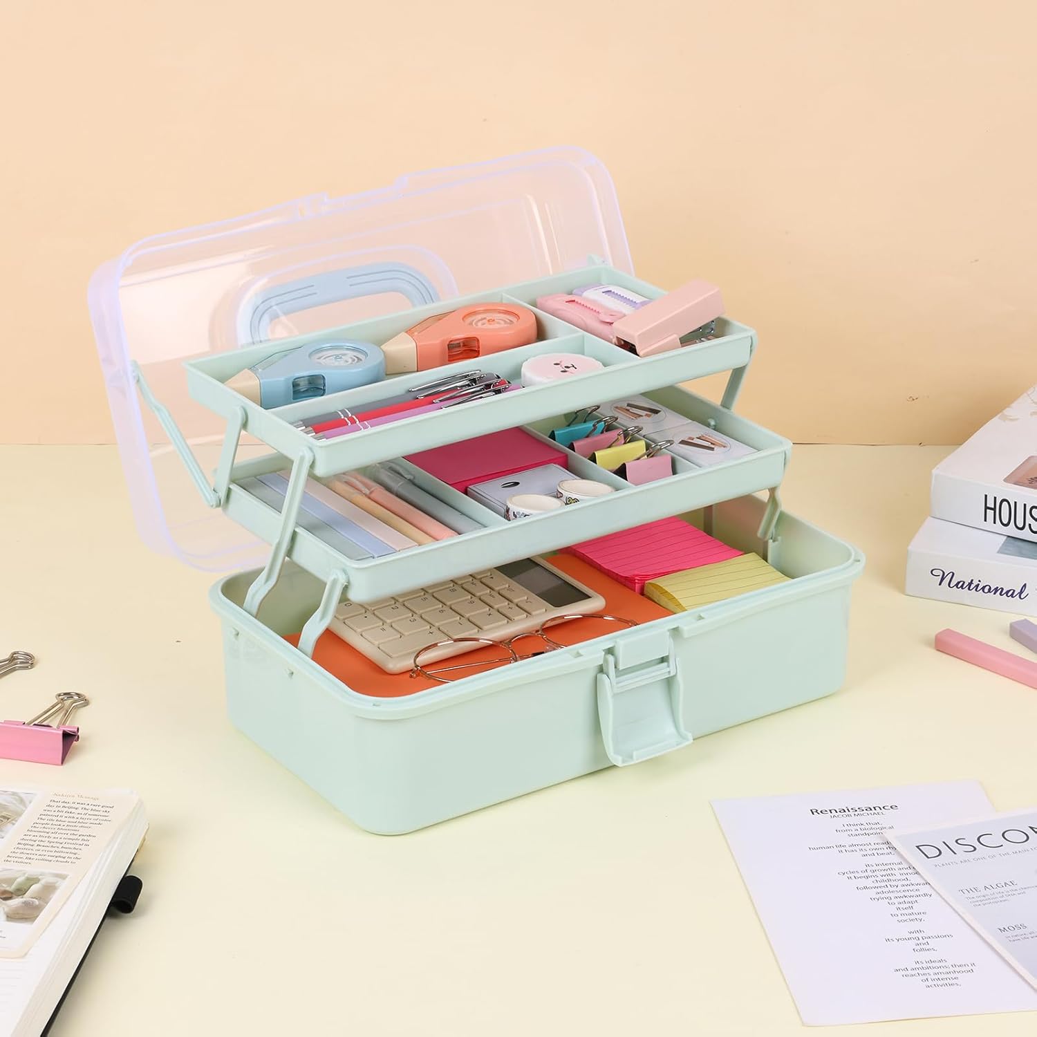 OUTUXED 12.5inch 3-Layer Multipurpose Craft Organizers, Portable Folding Toolbox, Plastic Tool Box with Handle for Sewing Supplies, Medicine, Art Supplies, Nails and Hair Accessories(Haze Green) - Image 5