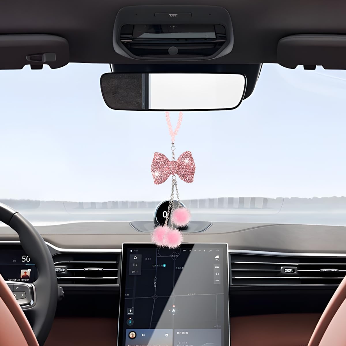 Bling Car Rear View Mirror Hanging Accessories, Crystal Rhinestone Bowknot Vehicle Rearview Charms, Diamond Plush Ball Automotive Interior Ornament Pendant, Universal Fit (Pink)