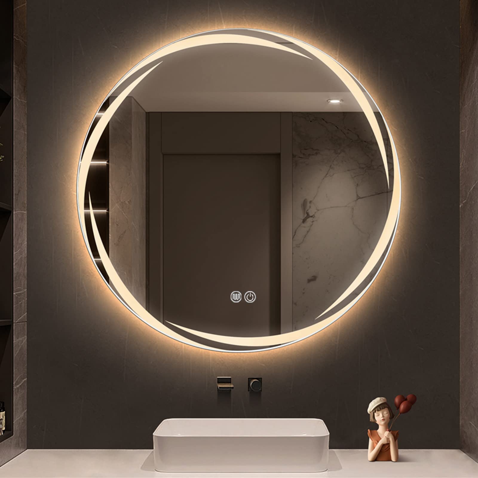 Okrągłe Lustro Łazienkowe Z Oświetleniem LED Okrągłe Oświetlenie Backtit Ścienne Lustro Kosmetyczne Przeciwmgielne Lusterko Do Makijażu Lustro LED Regulowane Możliwość Przyciemniania IP44
