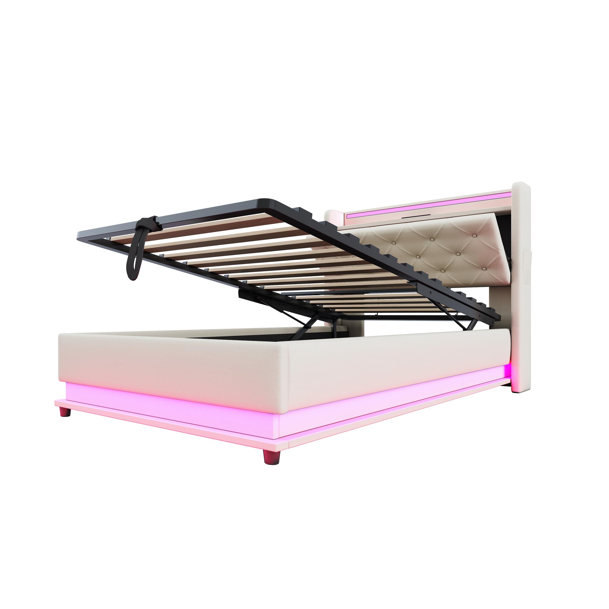 Cama Tapizada Cama Infantil 90x200 cm con Luz LED y USB, Camas Juveniles Individual con Cabecero Reversible y Almacenamiento Hidráulico, Estructura Camas Individuales, Lino, Sin Colchón, Beige