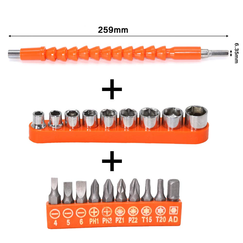 Set di 21 Pezzi Prolunga per Punta Trapano Pieghevole Adattatore Universale 1/4 per Avvitatore e Trapano Arancione Estensione per Angoli Stretti