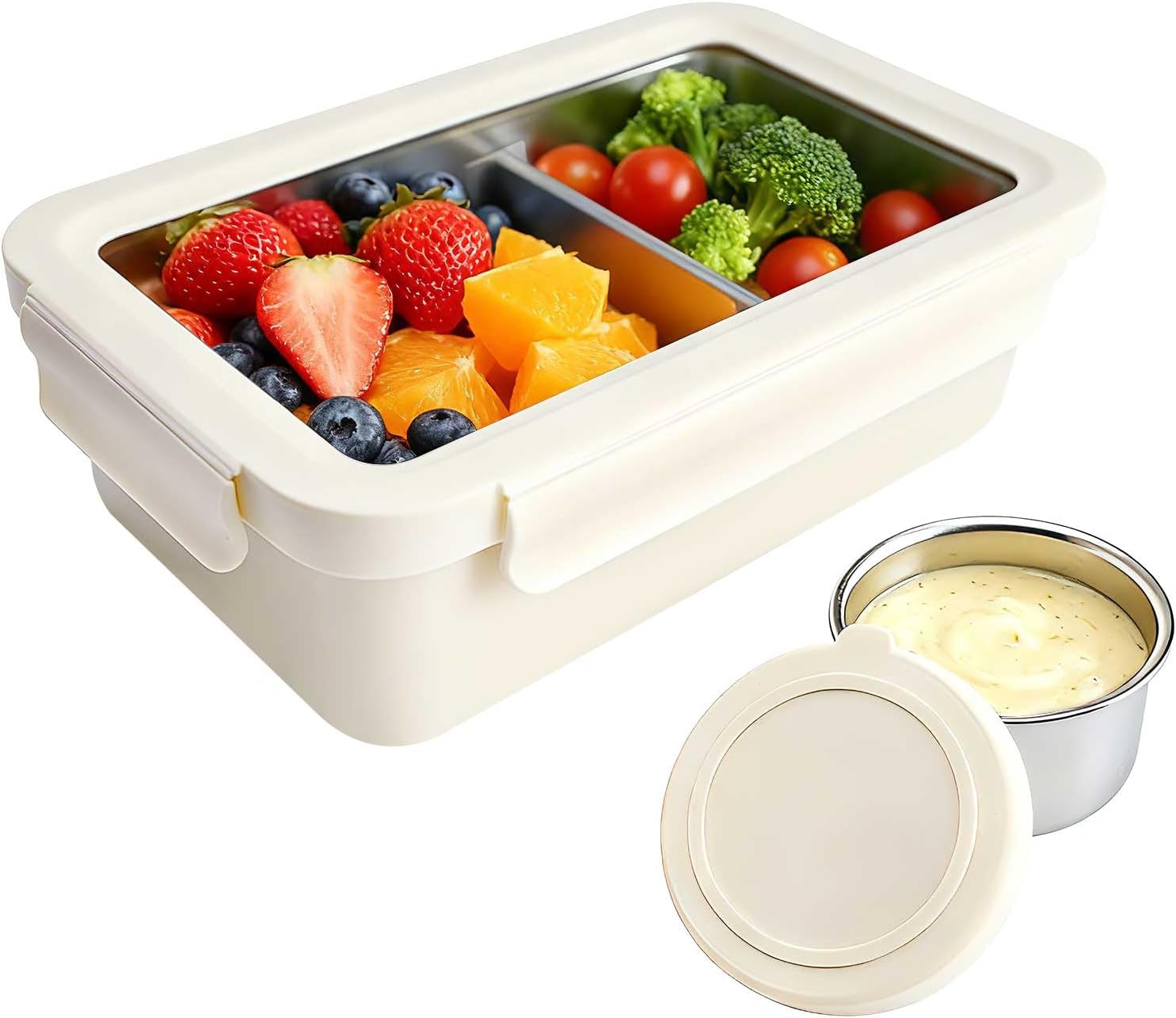 YINGRACE Stainless Steel Lunch Box Container for Adult, 42oz/1250ml Leak Proof Bento Box, Microwave-Safe with Removable Divider, Clear Airtight Lid Lunchbox for Work, Hike, Travel, Beige