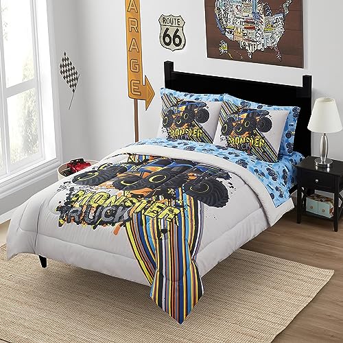 Image of Kids Bedding Set Bed in a Bag for Boys and Girls Toddlers Printed Sheet Set and Comforter, Full, Monster Truck