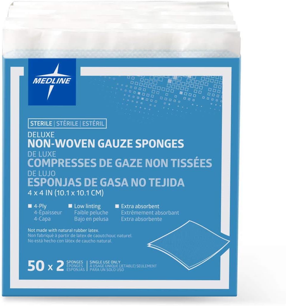 Medline Deluxe Gauze Sponge, Sterile, Nonwoven, Absorbent, Low Linting, Fast Wicking, 4-Ply, 4" x 4" (Pack of 1200)