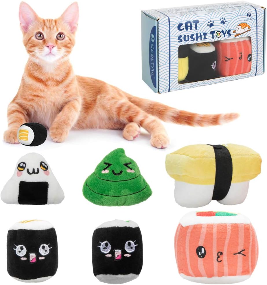 KOOLTAIL 6 Pack Sushi Cat Toys with Catnip - Interactive Plush Cat Bite Resistant Toys Set Kitty Chew Toy for Teething Cleaning