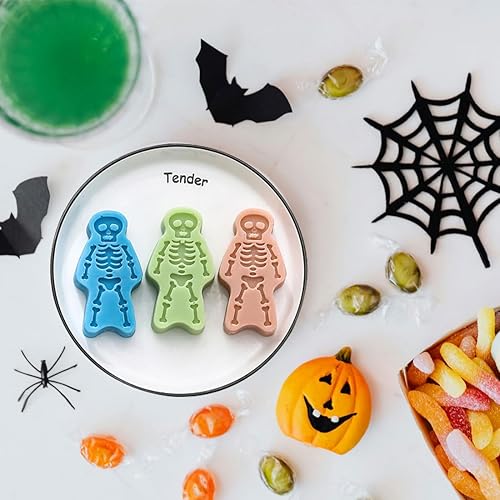 Miniatura 6 de Paquete de 2 moldes de silicona con temática de esqueleto de Halloween, 3 cavidades, huesos de calavera 3D, bandeja de moldes de bricolaje para