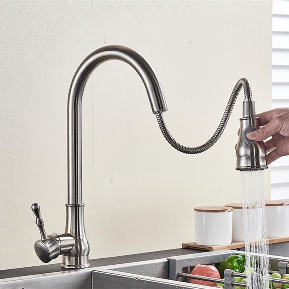 Robinet de cuisine extractible avec douchette rotative 360 et mitigeur en nickel brossé
