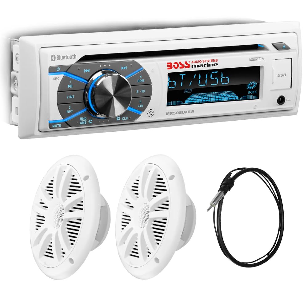 KIT SET PER BOSS AUDIO SYSTEMS MCK508WB.6, 1 kit marino con ricevitore AM/FM bluetooth waterproof, 2 altoparlanti da 16,5 cm 6,5" 90 watt rms 180 watt max e 1 dipole antenna, 1 kit