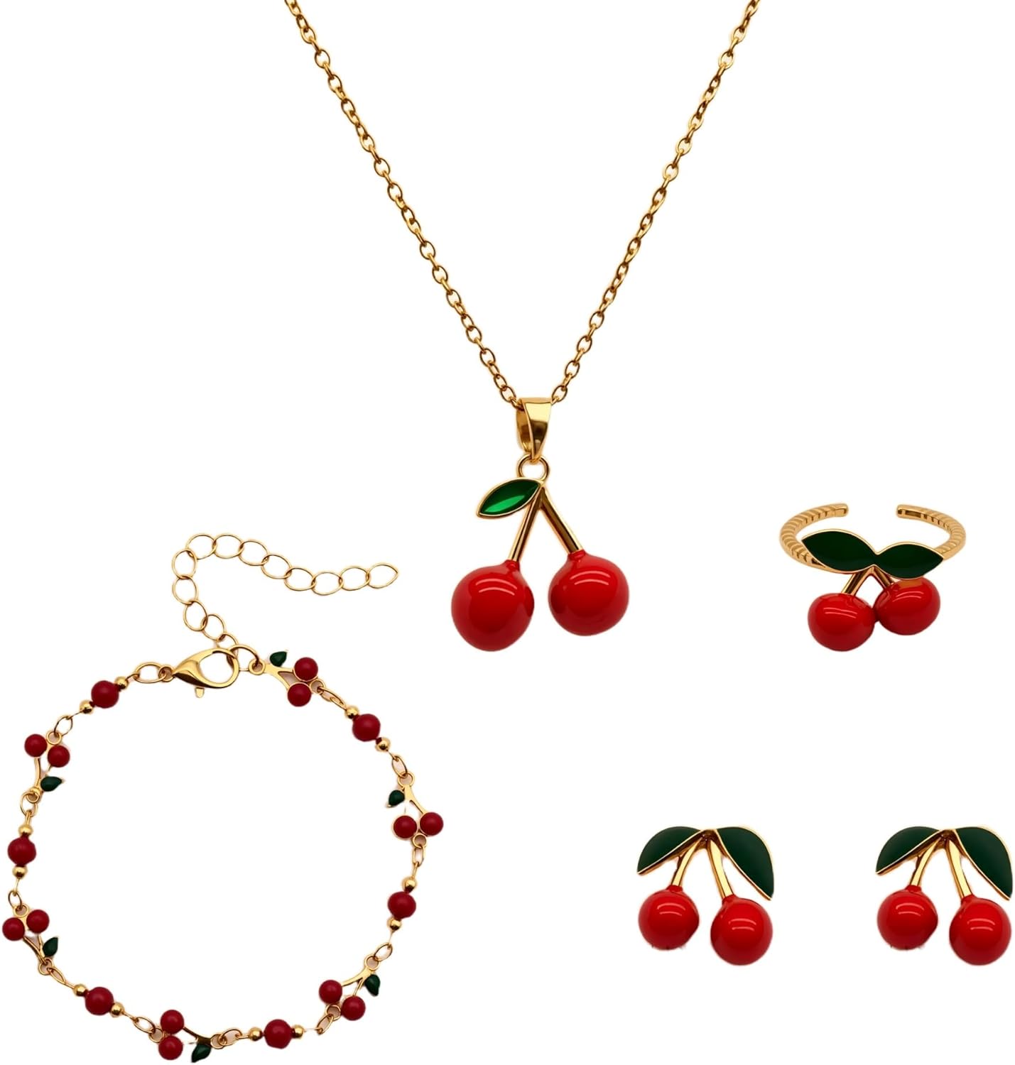 Strawberry Earrings Necklace Bracelet Ring for Women Cute Strawberry Cherry Jewelry Set Birthday Gifts Strawberries Stuffs Fruit Accessories
