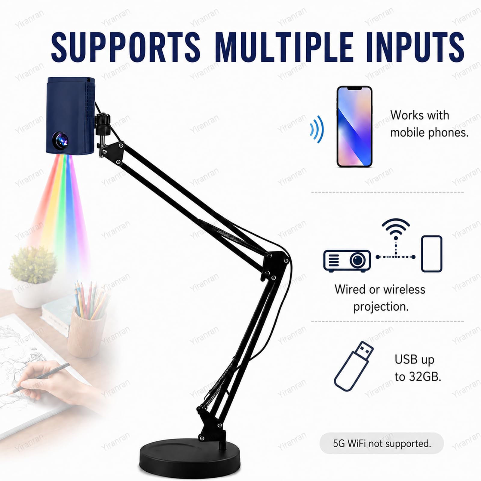 Proiettore per disegno, Proiettore artistico per ricalcare, disegnare e dipingere, Il dispositivo supporta telefoni cellulari, chiavette USB, connettività Wi-Fi e USB per un facile trasferimento