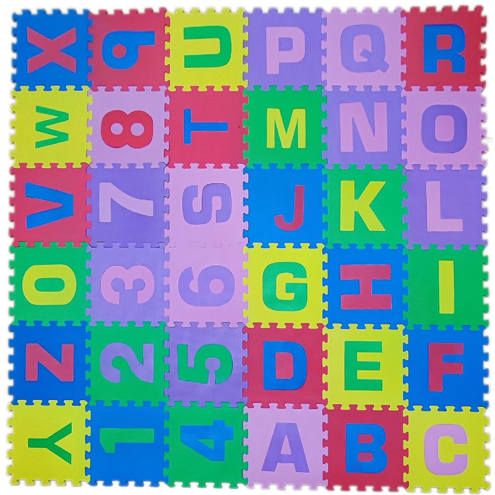 Tappetino puzzle 36 piastrine (86 pezzi) in gomma con lettere e numeri, 180 x 180 cm (3,24 m2)