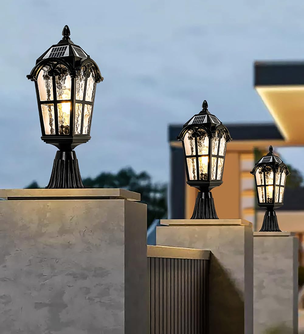 Farola Solar Exterior de Cristal Vintage, farola de Pilar Impermeable IP65 con Carcasa de Aluminio, luz de Columna Solar LED, luz para Tapa de Valla, terraza, Patio, Villa, jardín, Entrada.