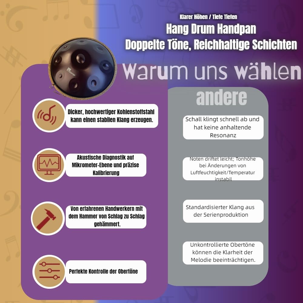 Handpan Trommel 22 Zoll 9 Töne D-Moll 440Hz (Violett) | elektroplierter rostfreier Edelstahl, geeignet für Straßenmusik, Live und Musizieren