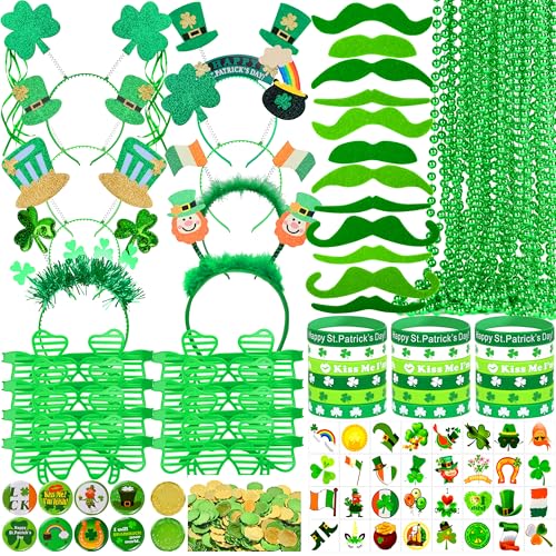 Seifar 220 Pack St. Patricks Day Accessories, Shamrock Glasses Necklaces Bracelets Headbands Mustaches Tattoos Stickers Gold Coins Irish Badges St. Patrick's Day Accessories Irish Decorations Supplies
