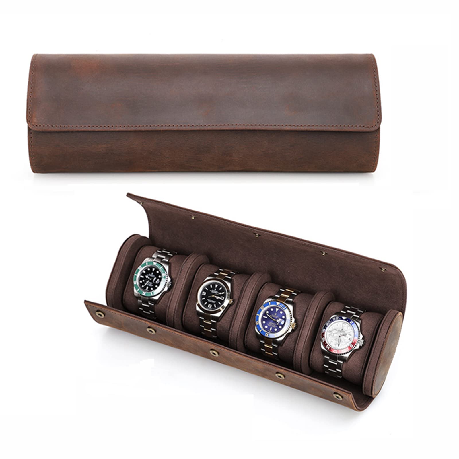 CONTACTS Étui de voyage en cuir véritable pour 4 montres, étui de rangement pour 4 montres, étui de protection portable pour montres de voyage vintage (café-1140)