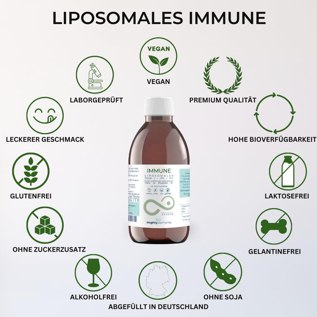 Mighty Elements 3 in 1 - Liposomales Vitamin C 1000 mg, Hochdosiert, Immunsystems, Zink 15 mg, OPC 200 mg, Höhere Bioverfügbarkeit, Orange Geschmack, Flüssig, Sanddorn