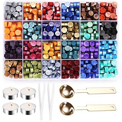 Sealing Wax, Jixiangdou Sealing Wax Kit with 720 Pcs Octagon Sealing Wax Beads, 4 Pcs Tealight Candles, 2 Pcs Gold Wax Spoon and 2 Pcs Tweezers for Wax Sealing Stamp (24 Colors)