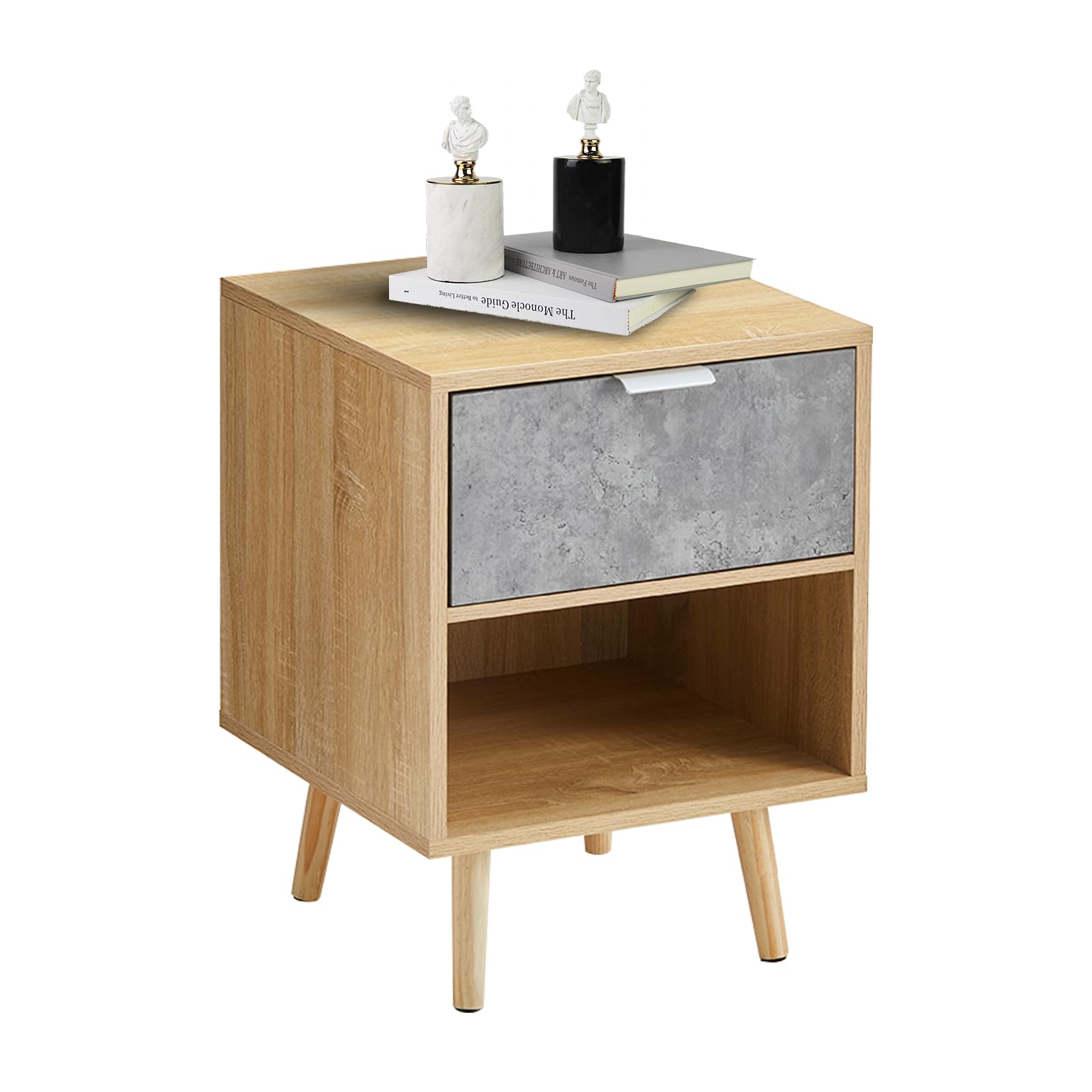 TUKAILAi Modern Nightstand, Natural Wood Bedside Table with Grey Drawer and Opening Storage, Minimalist End Table with Solid Wood Legs for Bedroom