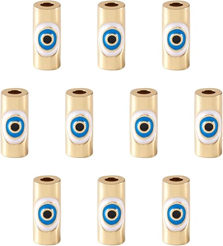 Pandahall - 10 cuentas de tubo de latón esmaltadas con mal de ojo real chapado en oro de 18 quilates, cuentas espaciadoras sueltas de 0.433 x 0.177