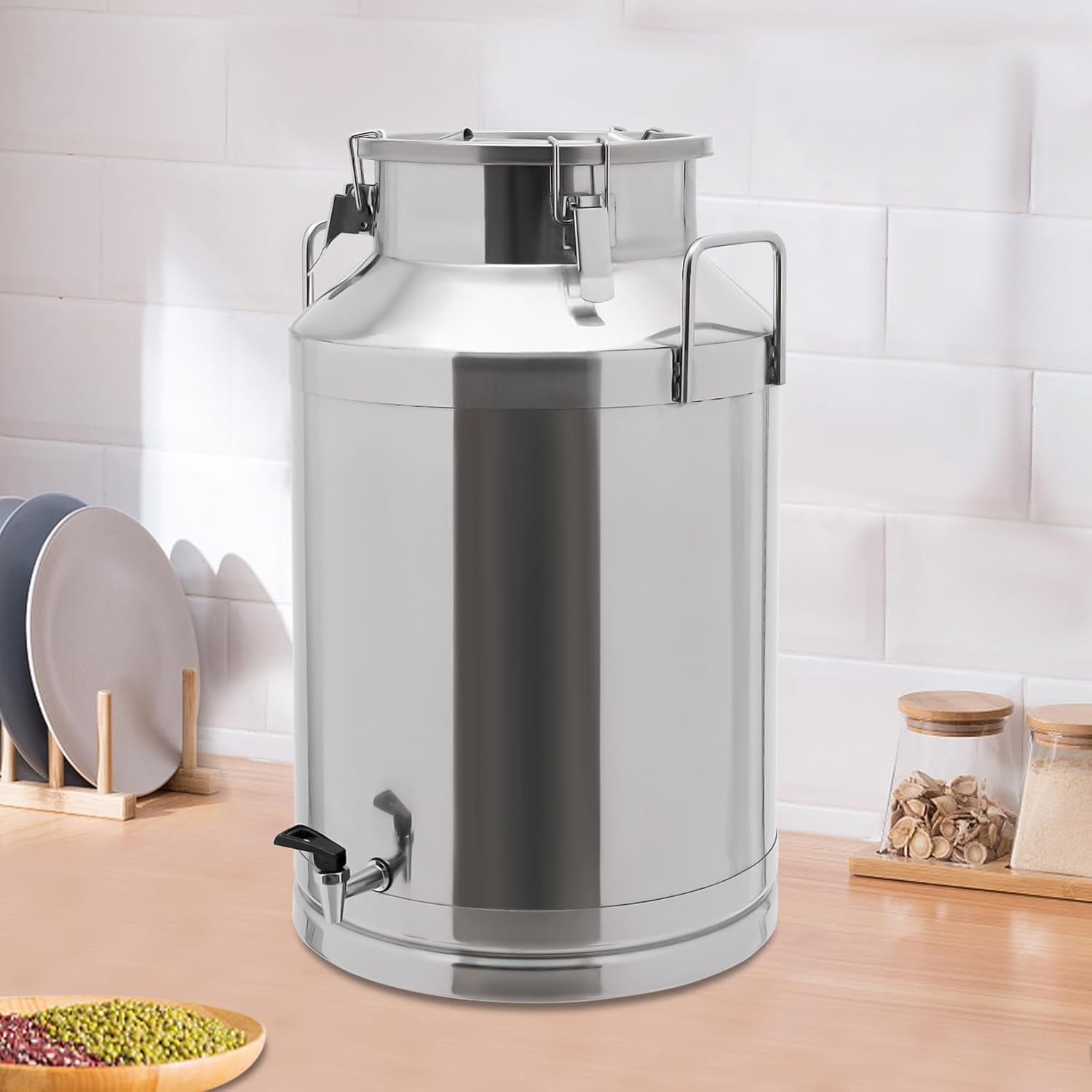 Milk Can, 15.85 Gallon Stainless Steel Milk Jugs Commerical Grains Storage Can Heavy Duty Liquid Storage Container with Sealed Lid and Faucet for Home Kitchen, Hotels, Restaurants(Silver)