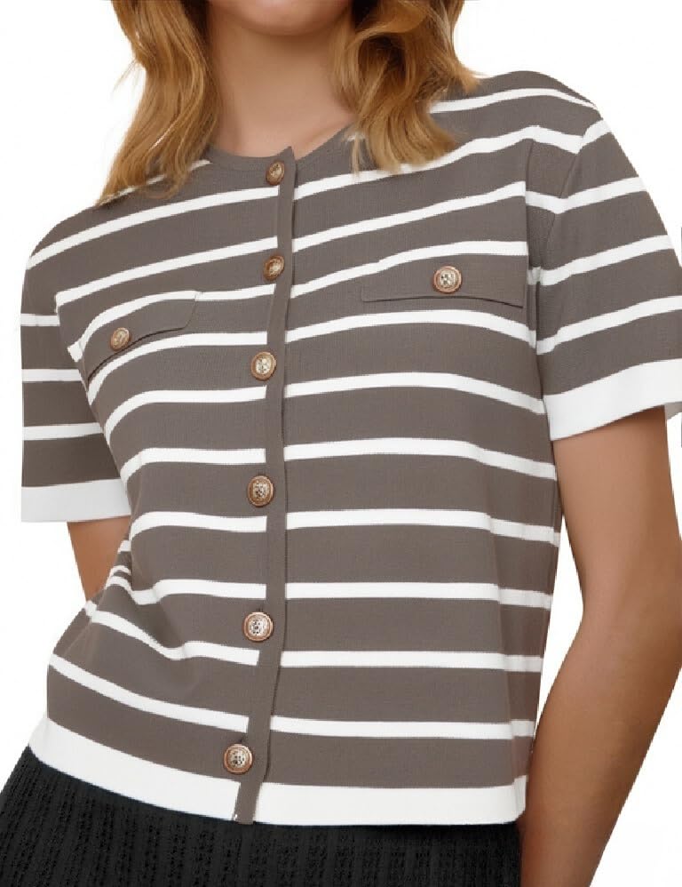 Omoone Womens Striped Cardigan Sweater Short Sleeve Lightweight Summer Button Down Cropped Knit Tops