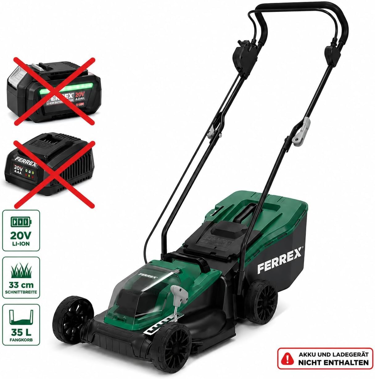 FERREX Akku-Rasenmäher Li-Ion, 33 cm Schnittbreite, 35 L Grasfangkorb, 6-Fach Schnitthöhenverstellung (25-75 mm), Klappbarer Handgriff, Grün/Schwarz