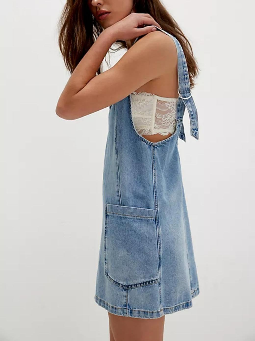yoeasy Women's V Neck Sleeveless Denim Overall Dress Adjustable Strap Summer Mini Pinafore Jean Dress with Pockets - Image 4
