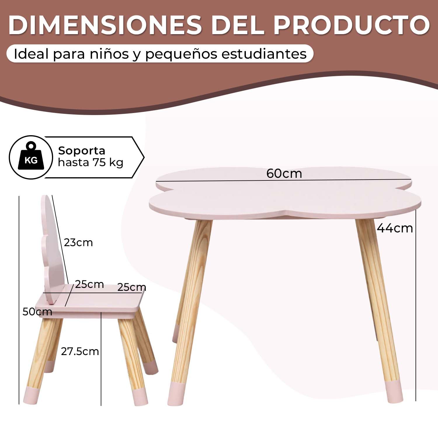 Rebecca Mobili Set de Mesa y 2 Sillas para Niños, para la Decoración de la Habitación de los Niños, Rosa Marrón, MDF Pino - Dimensiones: 44 x 60 x 60 cm / 50 x 25 x 25 cm - Art. RE6899