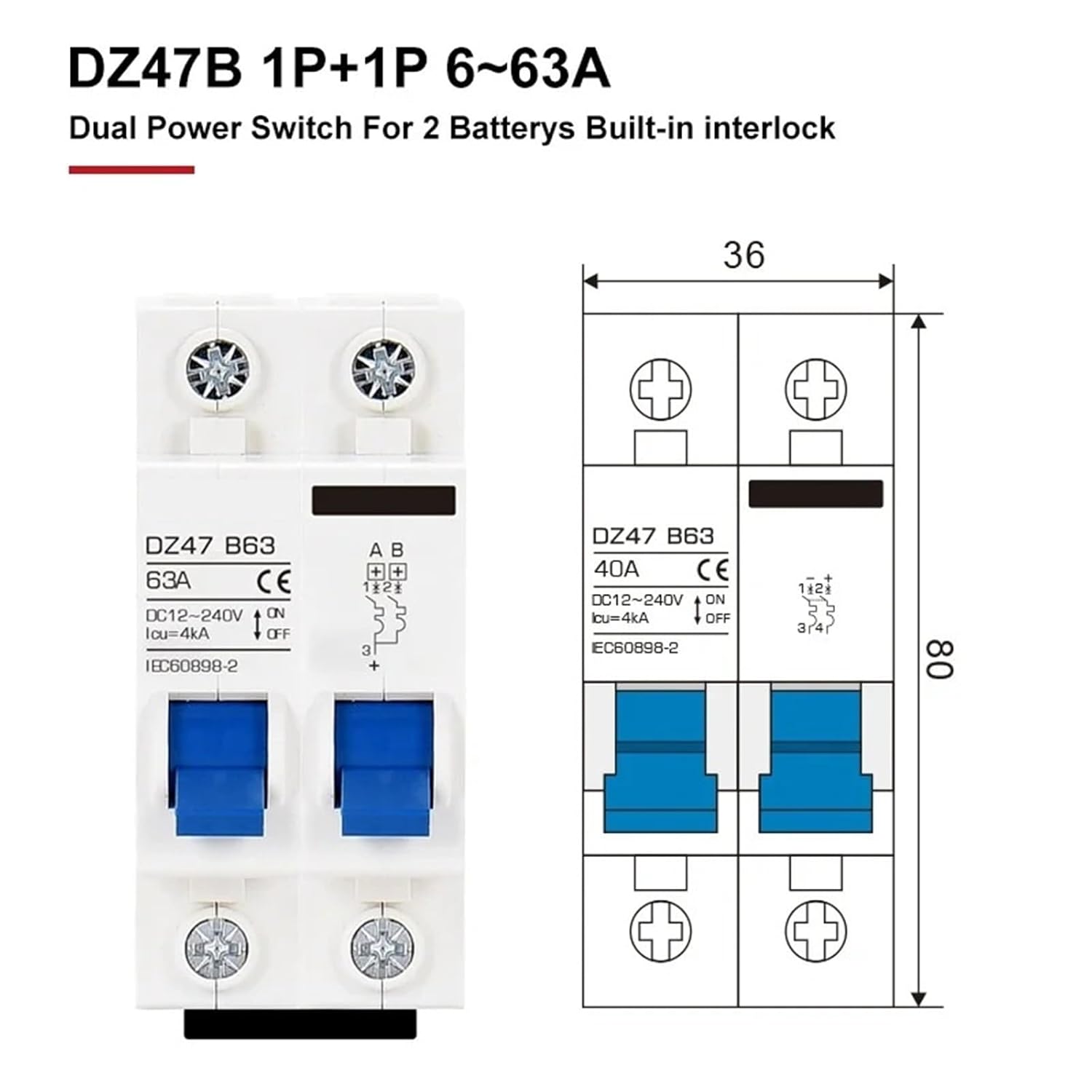 DZ47B Miniature Circuit Breaker DC 12V 24V 36V 48V DC MCB Battery Car Protector 6A-150A Air Switch Din Rail Mount(2P-2P Dual Power,16A)