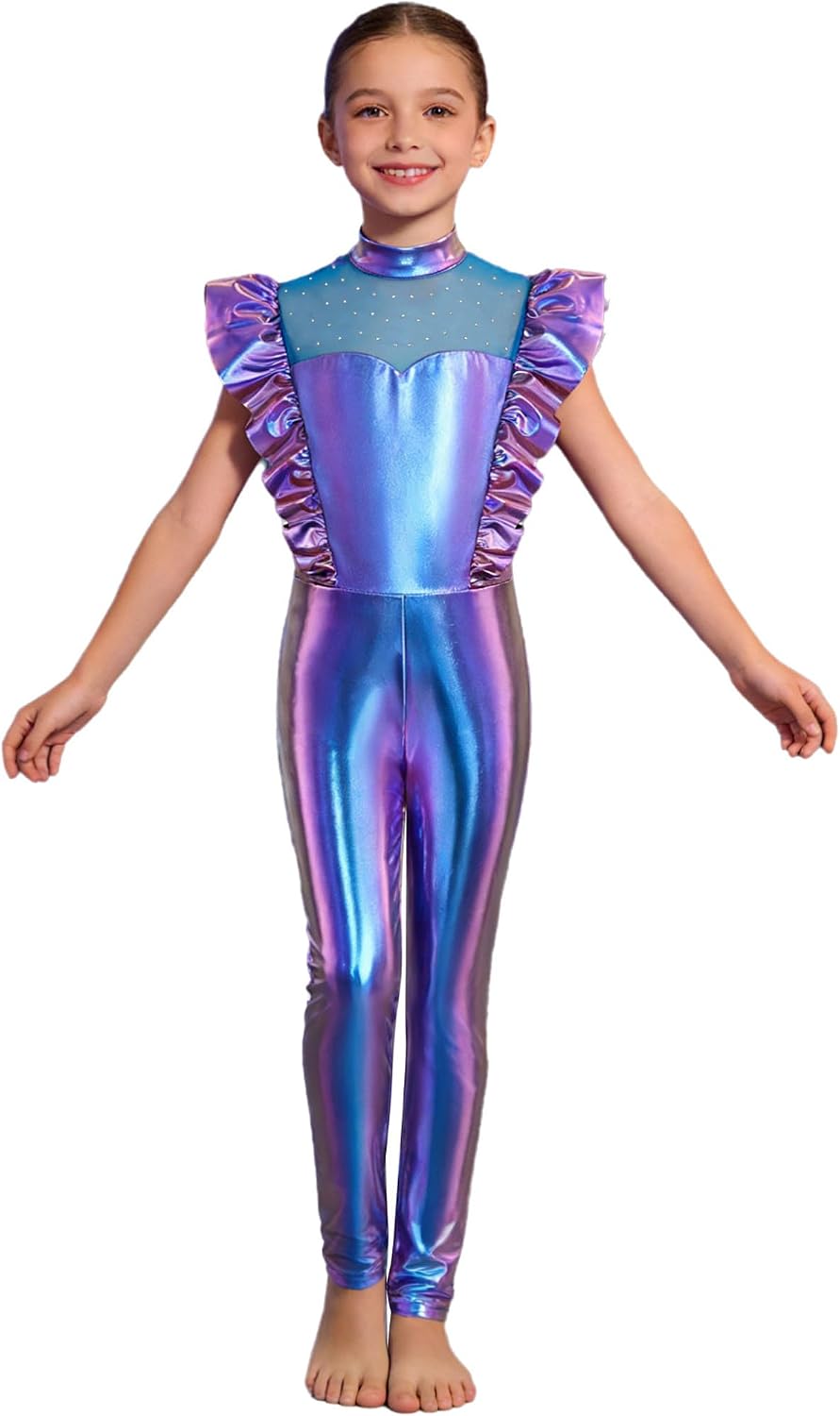Kids Girls Metallic Unitard Dance Leotard Ruffle Sleeve Bodysuit One Piece Disco Jazz Dance Jumpsuit