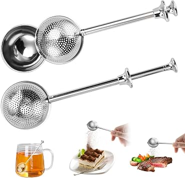 2Pcs Stainless Steel Tea Strainer Tea Infuser for Loose Leaf Tea,Tea Diffusers Fine Mesh Tea Ball Tea Accessories, Baking Supplies Bakers Dusting Wand Sugar Shaker Duster Flour Duster Full+Half
