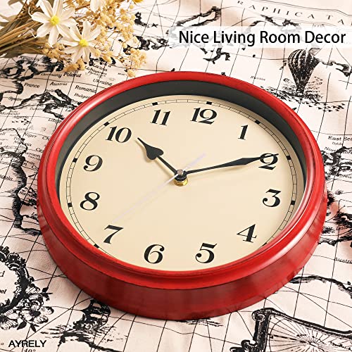 Image of AYRELY Decorative Vintage Wall Clock - 11Inch Silent Non-Ticking Clocks Battery Operated - Classic Decor for Living Room, Farmhouse, Kitchen, Bedroom, Bathroom (Red)