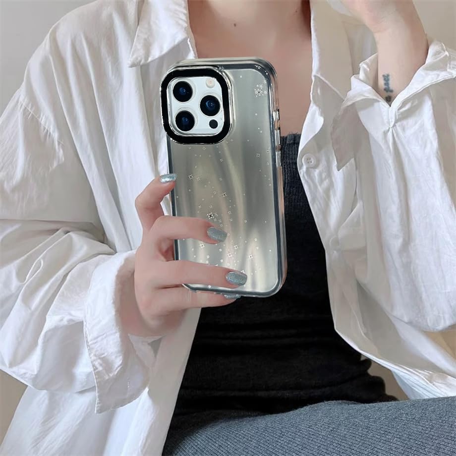 Image of VONZEE Compatible for iPhone 15 Pro Max 6.7'' Case Bling Star Gradient Shiny Colorful Case with Full Camera Protection Shockproof Case PC+TPU Glossy Shiny Cover for Girls Women,Black