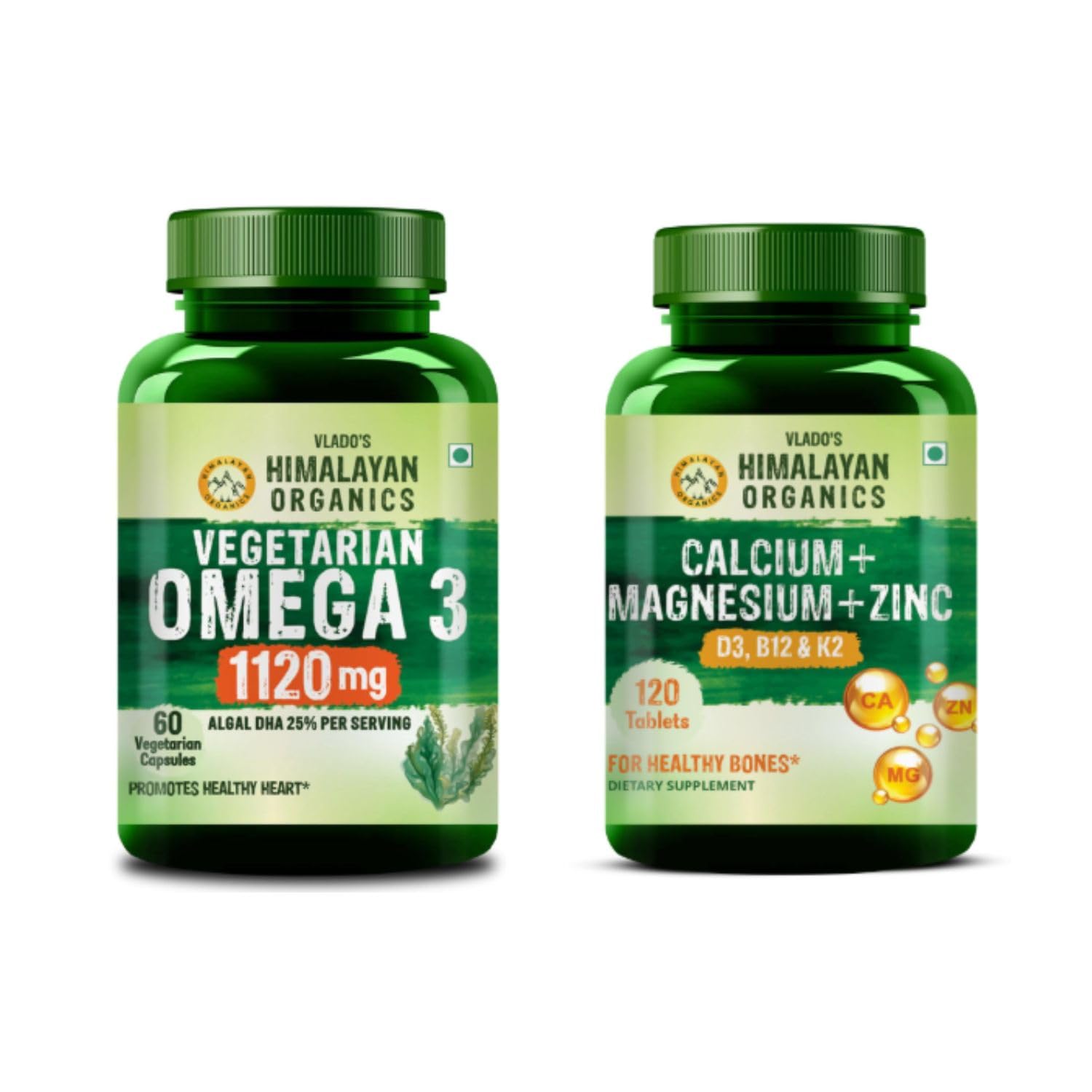 Vlado's Himalayan Organics Vegetarian Omega 3 DHA 1120mg + Calcium Magnesium Zinc with Vitamin D3, B12 & K2 | Bone, Joint, Heart & Daily Wellness Support | Veg Supplement Combo-image-46