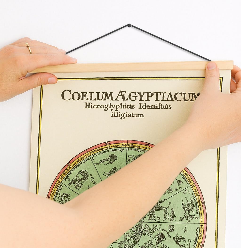 Vintage Egyptian Celestial Canvas Wall Hanging, Coelum Aegyptiacum Double Circle Astronomical Chart with Hieroglyphic Iconography, Green and Cream, Includes Magnetic Solid Wooden Frame (12 x 32 inches)