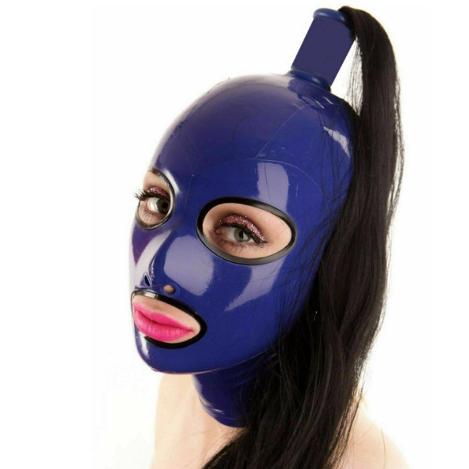 DSPENGS Latex Hood with Ponytail BDSM Full Face Mask Zipper Open Eyes Mouth Novelty Rubber Masquerade Club Unisex(Size:S-63CM)