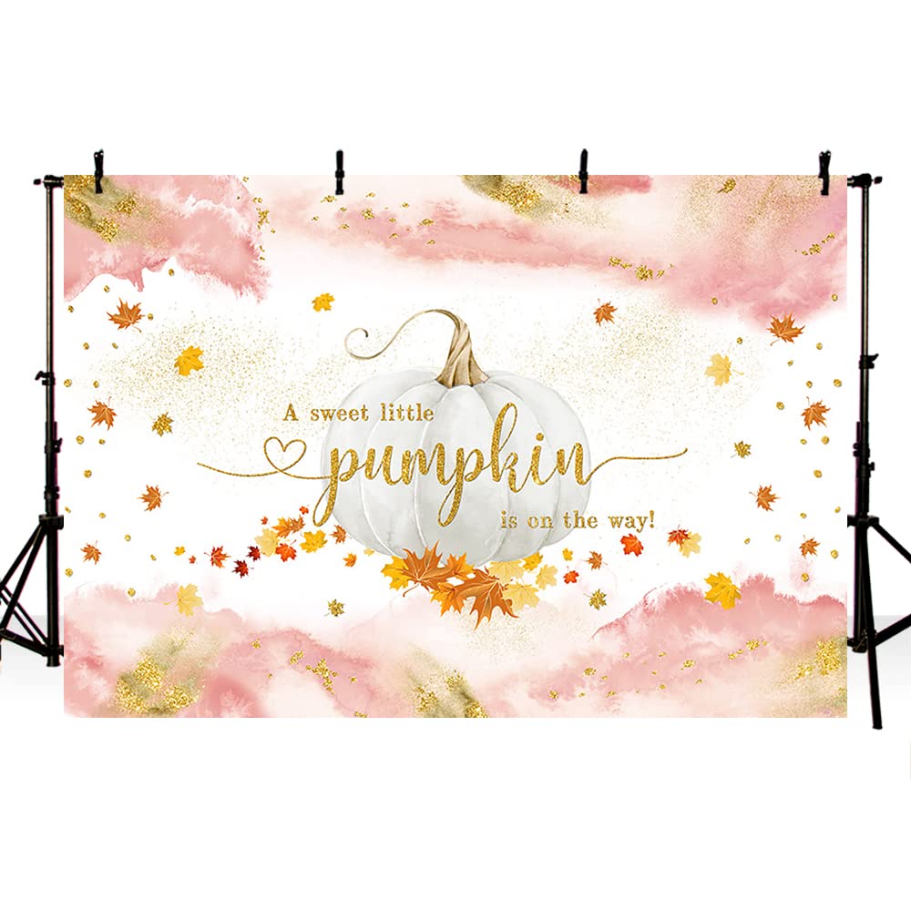 MEHOFOND 7x5ft Fall Pumpkin Girls Baby Shower Backdrop A Sweet Little Pumpkin Is On The Way Banner Autumn Maple Leaves Blush Pink Watercolor Photography Background Newborn Baby Party Photostudio Props