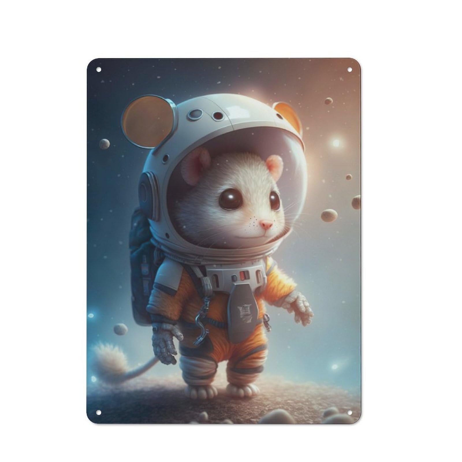 Distressed Look Astronaut Space Mouse Decorative Tin Sign 40x30cm, Retro Room Decor for Lounge, Study, Pub Or Wall Gallery