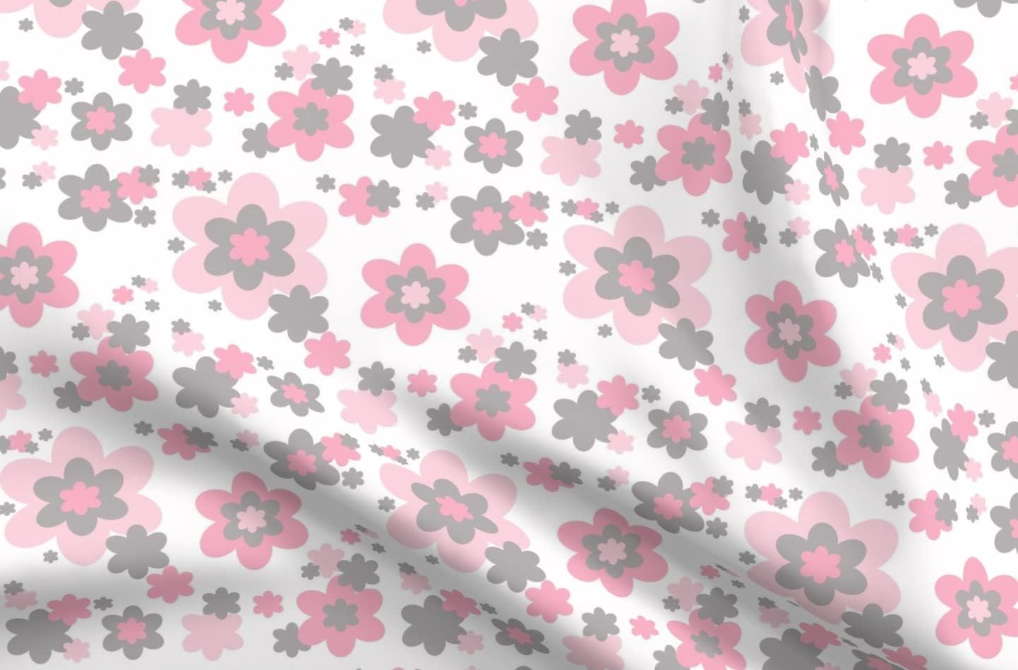 Spoonflower Fabric - Pink Grey Gray Floral Girl Nursery Flower Room Printed on Organic Cotton Sateen Fabric by The Yard - Sewing Quilting Apparel Home Decor