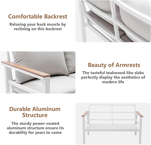 Miniatura 5 de Juego de muebles de patio para exteriores, sofá biplaza de aluminio de 2 plazas con cojines beige, juego de conversación para todo tipo de clima