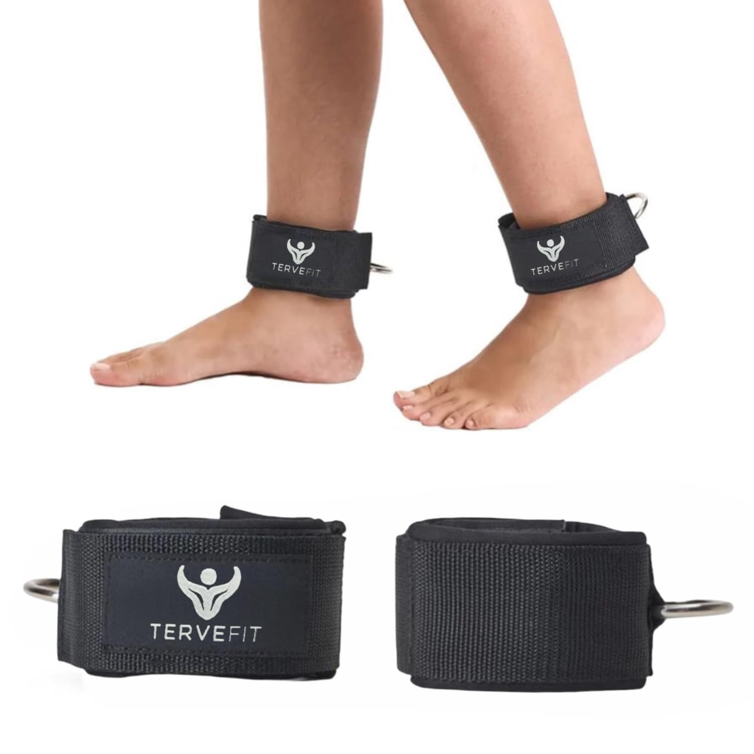Tervefit Ankle Straps For Gym With Metal D-rings Unisex Ankle Strap For Cable Machine Exercise Padded Ankle Bands For Leg Extensions, Kickback For Men & Women Workout Neoprene 1Pair Black-picture-45