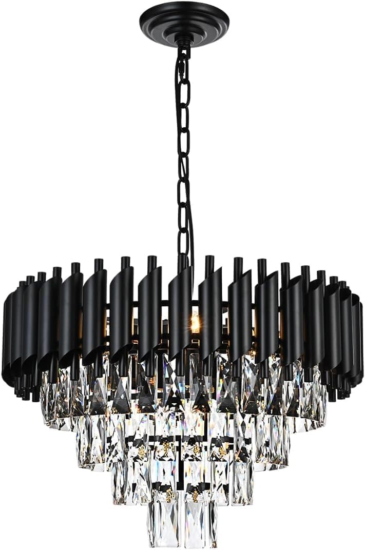 9-Light Modern Round Crystal Chandelier Lights, 4 Tiers Luxury Pendant Ceiling Light, 19.7" Crystal Chandeliers Lighting for Dining Living Room Kitchen Island Bedroom Foyer Hallway (Black)